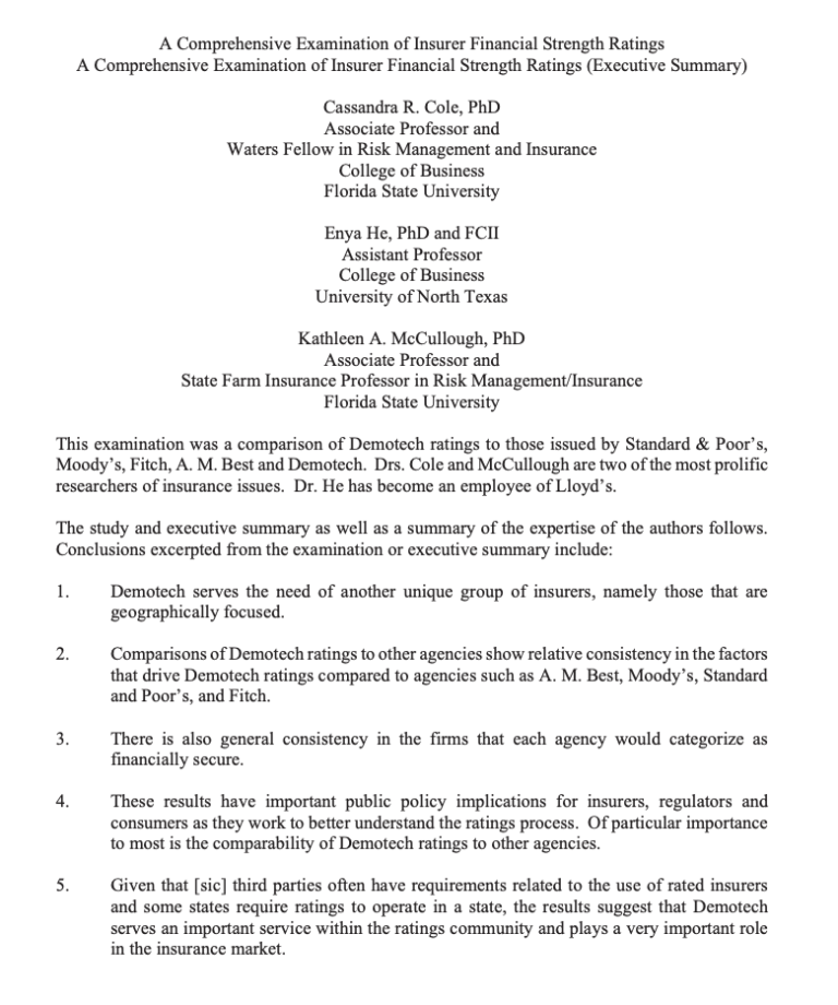 Demotech, Inc. Federal Association For Insurance Reform